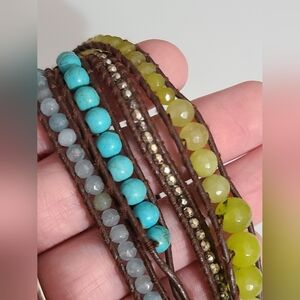 Lizou wrap bracelet turquoise leather multicolored gemstone beads necklace